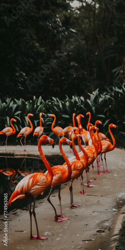 Flamencos corderosa animados em um cenário tropical photo