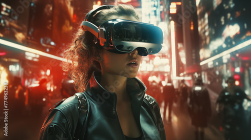 A woman with goggles delves into the world of technology and cyberspace. Exploring the digital frontier