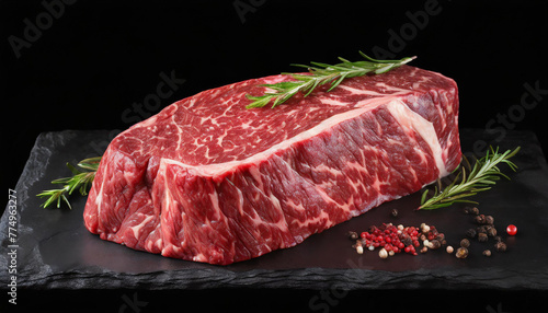 Wagyu raw meat on black background. Fresh marbled beef steak. Tasty and organic food.