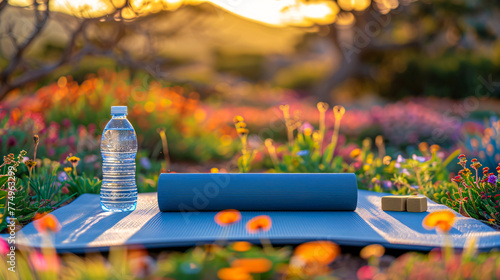 Summer wellness concept, healthy outdoor relaxation with yoga and fresh drinks in nature