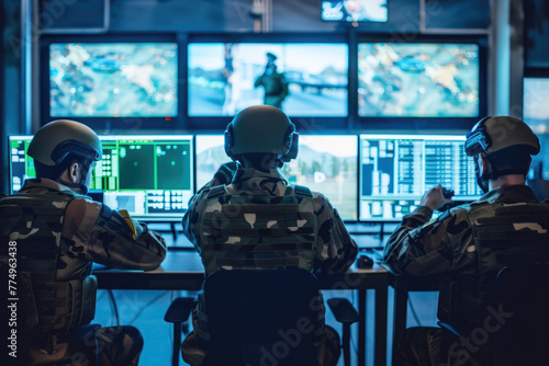 Military surveillance officers working with computer screen in central office. National security, technology and army communications photo