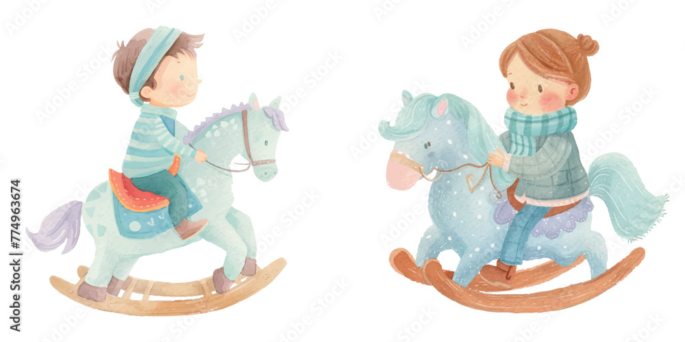 Fototapeta premium cute kid on rocking horse watercolour vector illustration