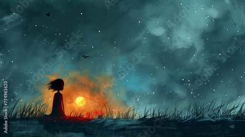 Girl in moonlight illustration background grass landscape