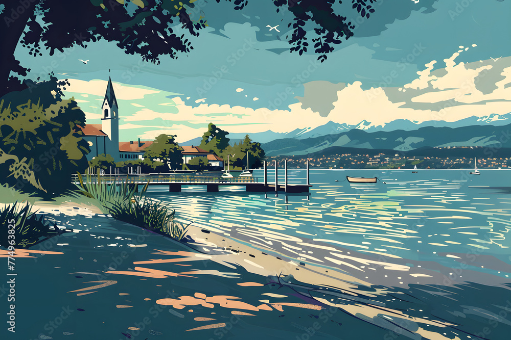 Malerei des Bodensees: Idyllische Landschaft mit klarem Wasser und Alpenpanorama - obrazy, fototapety, plakaty 
