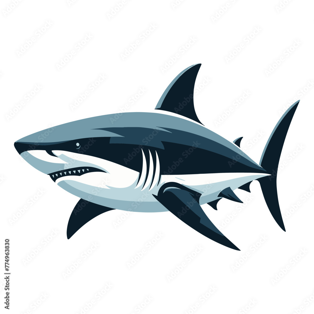 Fototapeta premium Wild great white shark design illustration, marine predator animal element illustration, swimming angry toothy shark vector template isolated on white background