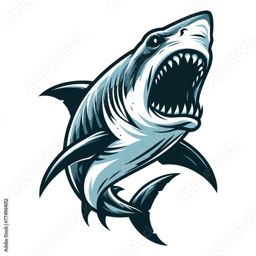 Angry wild great white shark vector illustration, marine predator animal element illustration, swimming toothy shark design template isolated on white background
