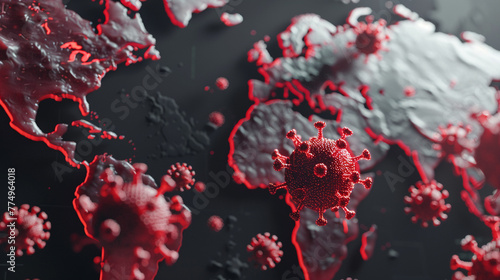 Covid cells close-up, white-to-red world map, precise detail, 3D viral spread illustration