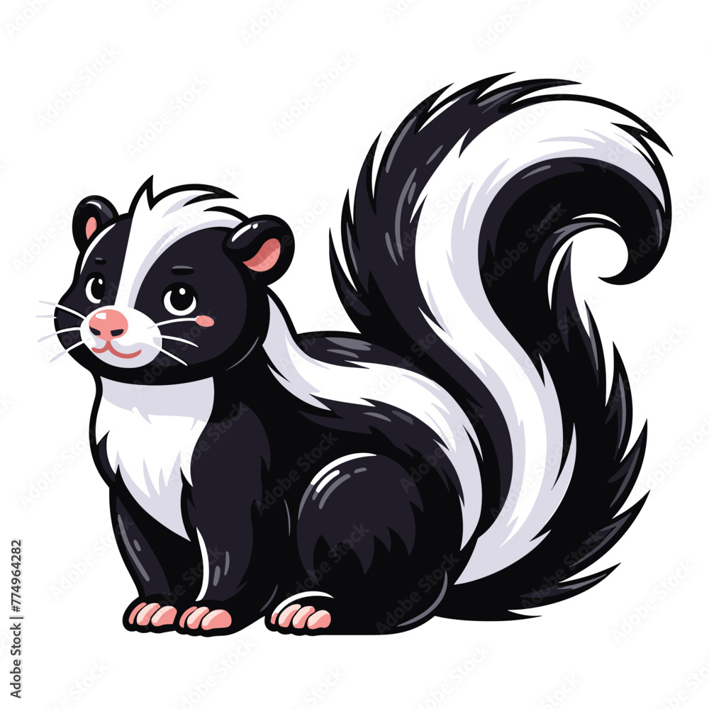 Skunk full body vector illustration, fauna animal concept, wild mammal skunk with a large fluffy tail and black white stripe along the body. Design template isolated on white background Skunk full body vector illustration, fauna animal concept, wild mammal skunk with a large fluffy tail and black white stripe along the body. Design template isolated on white background