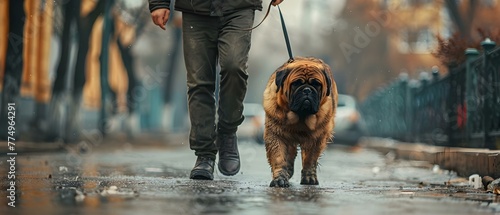 A man walks a large dog on a leash down the street the dog is wellbehaved and not wearing a muzzle. Concept Pet Care, Dog Walking, Responsible Ownership, Animal Behavior photo