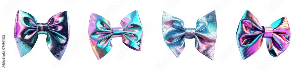 Set of holographic- chrome ribbon bows isolated on a transparent background. Set of holographic- chrome ribbon bows isolated on a transparent background.