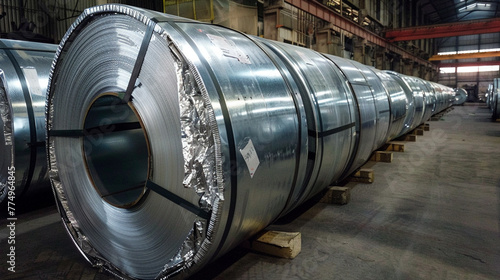 Galvanized sheet steel is transformed into imposing rolls, lined up in the factory's warehouse, representing the magnitude and capacity of the metal industry's storage and distribution.
