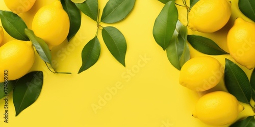 Lemons and lemons with green leaves on a yellow background. top view photo