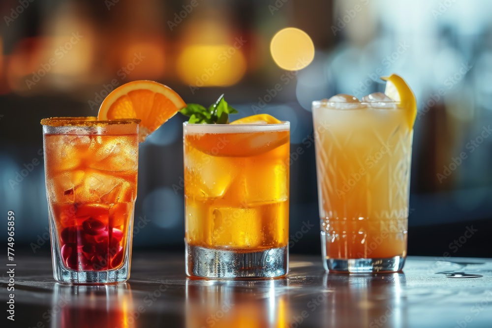 Close-up of cocktails with ice and citrus garnish, with warm bokeh lights in a cozy bar setting. Close-up of cocktails with ice and citrus garnish, with warm bokeh lights in a cozy bar setting.