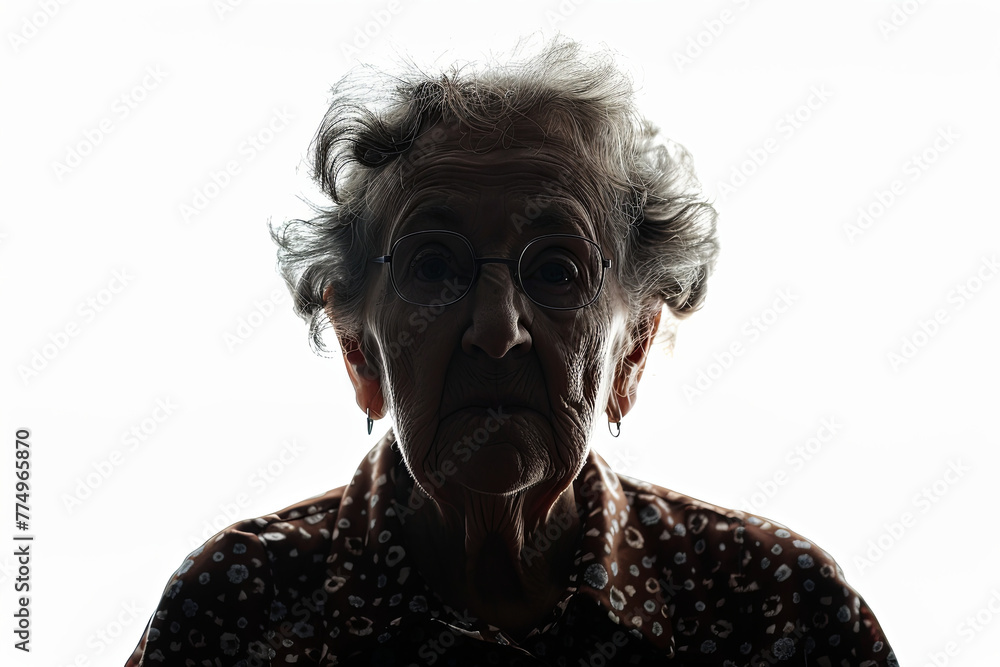 A dark silhouette figure of an elderly woman on white background, with unclear face feature A dark silhouette figure of an elderly woman on white background, with unclear face feature