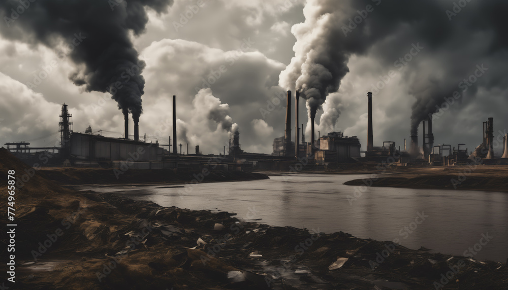 Industrial Factories Emitting Smoke Over Polluted River Under Dark Skies