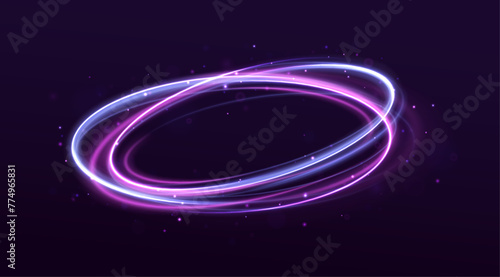 Neon ellipse in the form of speed. Glowing spiral. Abstract neon color glowing lines background. The energy flow tunnel. Shine round frame with light circles light effect.	
