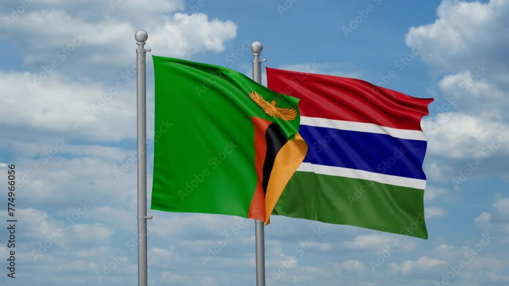 Gambia and Zambia two flags waving together, looped video, two country relations concept Gambia and Zambia two flags waving together, looped video, two country relations concept