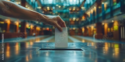 Closely Capturing a Hand Depositing a Voting Card into a Ballot Box with a USA Flag Background. Concept Voting, Ballot Box, USA Flag, Democracy, Civic Duty photo