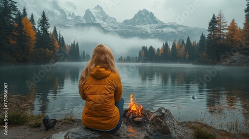 Person in yellow raincoat sitting by misty lake in forest