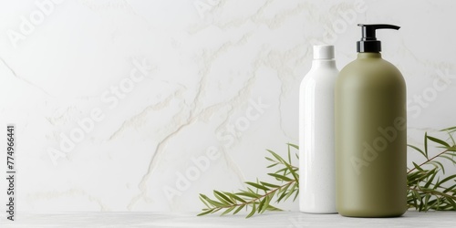 Plastic pump bottle for shampoo, cosmetic product mockup on white background. lotion template. Stone terrazzo podium. Green olive tree branch. Healthy cosmetology, spa treatment concept
