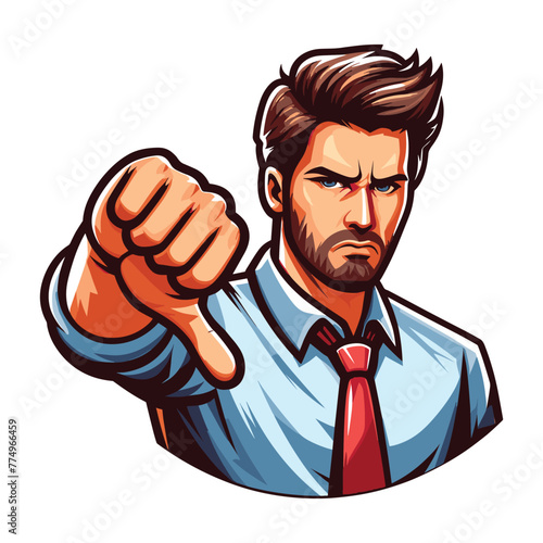 Man showing thumbs down vector illustration, unhappy male gesturing disapproval sign, dislike, disagreement, negative expression. design template isolated on white background