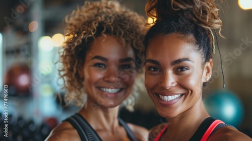 Two diverse young female friends in sportswear laughing together while standing in a gym after a workout