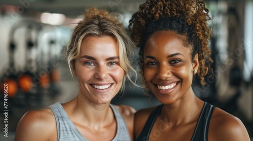 Two diverse young female friends in sportswear laughing together while standing in a gym after a workout