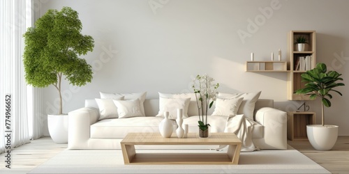Modern Scandinavian home interior design characterized by an elegant living room featuring a comfortable sofa, wooden floor, white walls and home plants. © PNG City