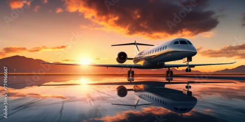 private business jet parked at the airport at the foot of the mountains in the rays of a summer sunset photo