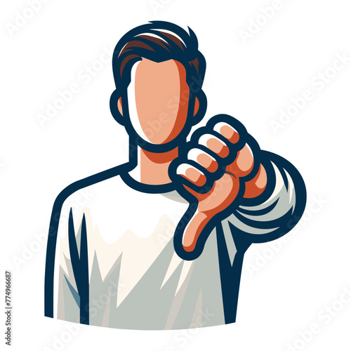 Man showing thumbs down design illustration, unhappy male gesturing dislike, disapproval sign, negative expression, disagreement. vector template isolated on white background