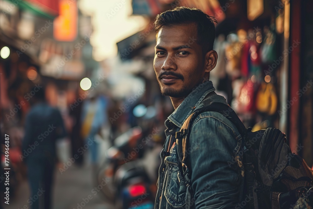 Portrait of young handsome Indian man with backpack standing in the street Portrait of young handsome Indian man with backpack standing in the street