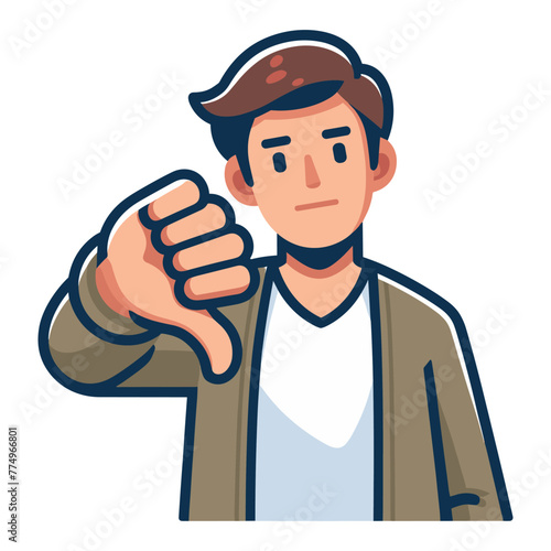 Man showing thumbs down design illustration, unhappy male gesturing dislike, disapproval sign, negative expression, disagreement. vector template isolated on white background
