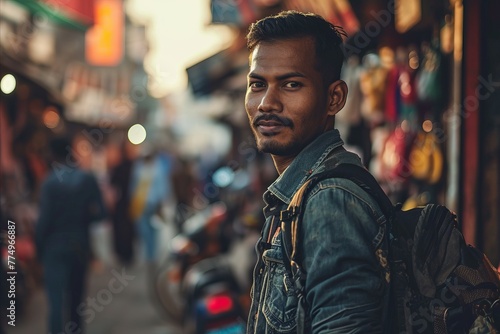 Portrait of young handsome Indian man with backpack standing in the street
