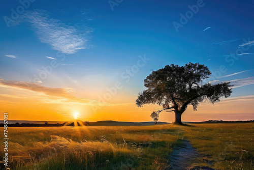 The sun rises  casting a golden light over a field with a single oak tree standing tall  a path leading towards the horizon.