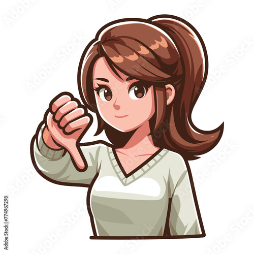 Woman showing thumbs down design illustration, unhappy girl gesturing dislike, disapproval sign, negative expression, disagreement. vector template isolated on white background