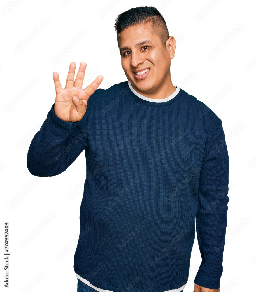 Young latin man wearing casual clothes showing and pointing up with fingers number four while smiling confident and happy. Young latin man wearing casual clothes showing and pointing up with fingers number four while smiling confident and happy.