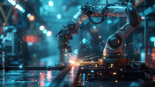 Robotic Arm Welding in Industrial Factory,  industrial robotic arm performing precise welding, with sparks flying in a high-tech factory environment
