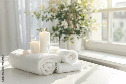 a stack of towels with candles and a glass of water