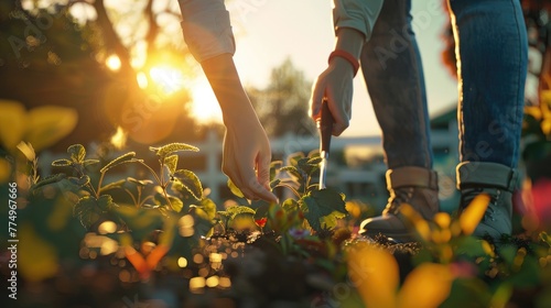 Tending Plants at Golden Hour, Two individuals engage in gardening, nurturing plants as the sun sets, providing a sense of growth and tranquility