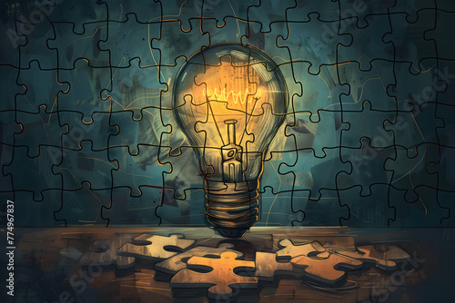 A sketched light bulb sitting on top of puzzle pieces on a dark backround photo