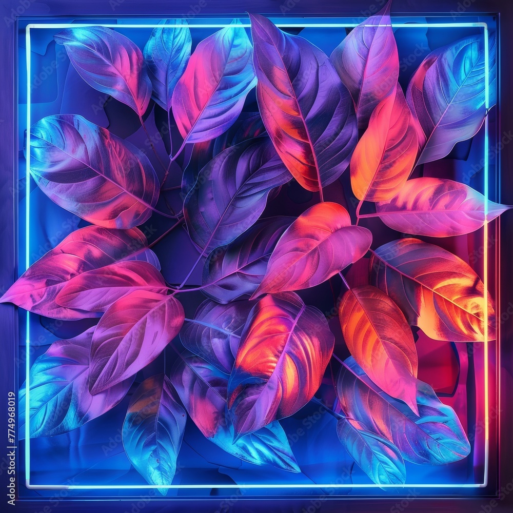 A digital art piece featuring a geometric layout of tropical leaves, each leaf illuminated by a different color of neon light arranged in a square pattern.