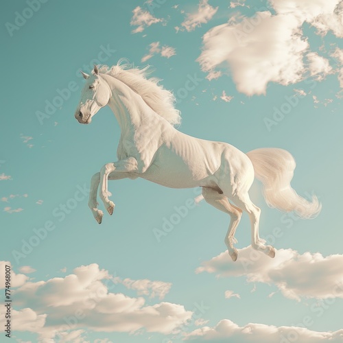 Majestic White Horse Soaring in the Sky, captivating 3D rendering of a white horse with a flowing mane, gracefully leaping into a sky adorned with fluffy clouds