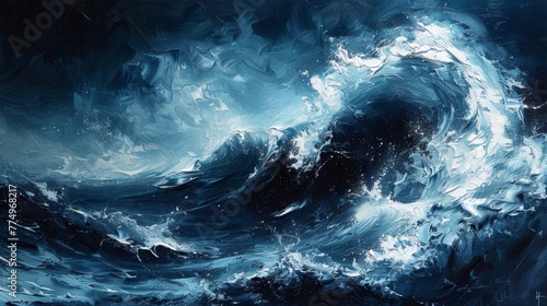 an expressionist style painting with lapping waves presented through dynamic brushwork that gives a sense of movement and the natural power of the sea.