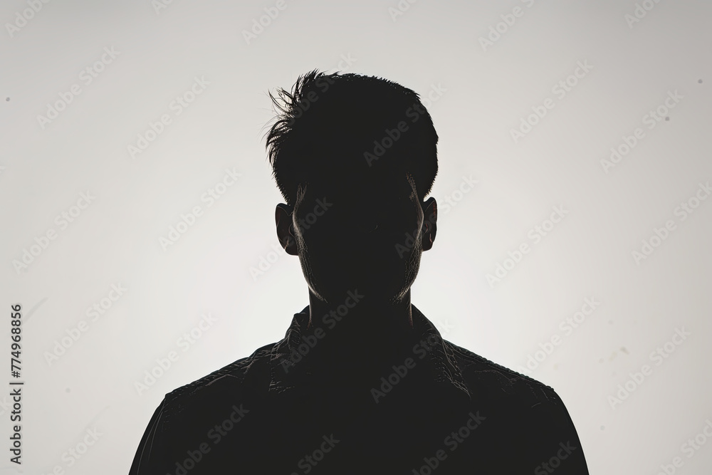 A dark silhouette figure of a man on white background, with unclear face feature
