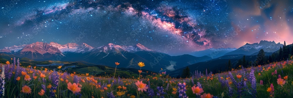 An impressive view of the Milky Way galaxy across the night sky above a mountain meadow filled with wildflowers, creates harmony between earth and sky. - obrazy, fototapety, plakaty 