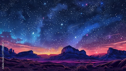 The desert night sky is lit up by thousands of sparkling stars  a spectacular view of meteorites atop rugged cliff views  capturing the beauty of the universe.