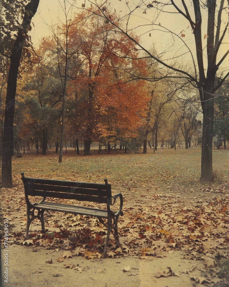The neglected park bench is surrounded by fallen autumn leaves and trees symbolizing the changing seasons, creating an atmosphere of introspection and silence.