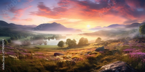 Sunrise over a misty meadow in the English Lake District  photo