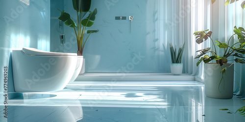  modern bathroom bathed in sunlight with sleek fixtures and lush green plants creating a serene and refreshing space.  