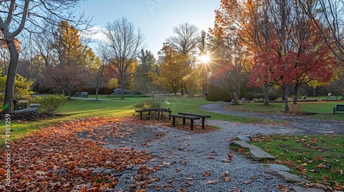 A serene garden view in autumn with sunlight filtering through the red and yellow leafed trees, bringing warmth and tranquility.